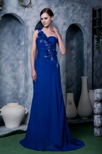 Royal Blue One Shoulder Hand Made Flowers Beading Prom Dress