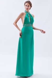 Turquoise Backless Halter Top Chiffon Beading Prom Evening Dress