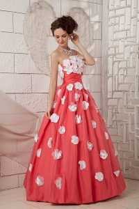 Watermelon Strapless Hand-made Flower Taffeta Appliques Prom Dress