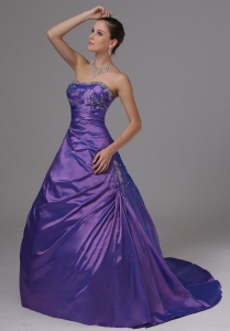 A-line Eggplant Purple Beaded Decorate Bust Prom Dress