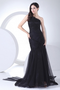 Appliques and Ruching One Shoulder Black Prom Dress