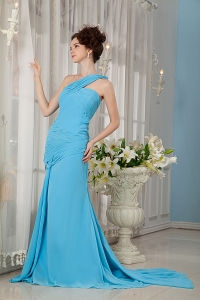 Aqua Blue One Shoulder Watteau Train Prom Evening Dress