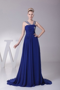 Beaded V-neck Royal Blue Prom Dress With Brush Trian