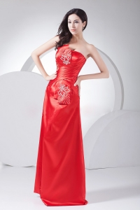 Strapless Red Taffeta Beading Ruched Red Carpet Dresses