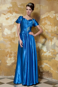 Blue Short-Sleeves Taffeta Beading Prom Evening Dress