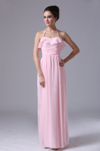 Halter Ruched Pink Chiffon Column Prom Evening Dress
