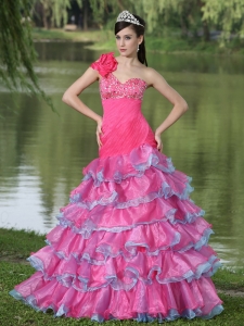 Hand Made Flower One Shoulder Ruffled Layers Prom Evening Dress