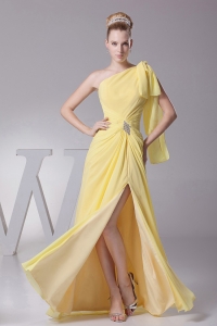 Light Yellow One Shoulder and High Slit Prom Evening Dress