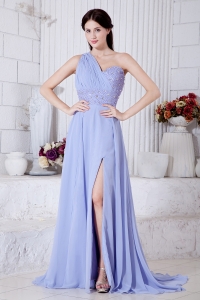 Lilac One Shoulder Watteau Train Beading Prom Evening Dress