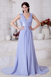 Lilac V-neck Brush Train Chiffon Prom Evening Dress