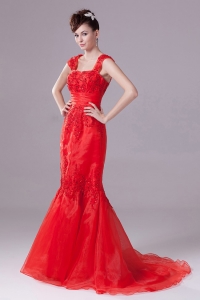 Mermaid Straps Beading Square Red Prom Dress with Chapel Train