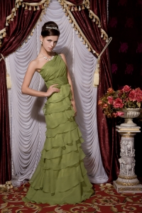 Olive Green One Shoulder Chiffon Beading Prom Evening Dress