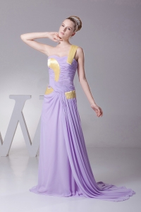 One Shoulder Lilac Prom Dress With Chiffon and Brush Train