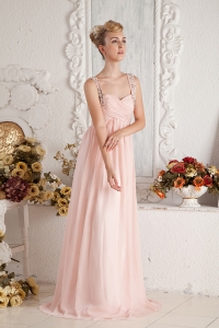 Pink Straps Brush Train Chiffon Beading Ruch Prom Dress