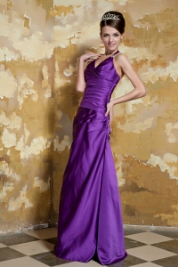 Purple V-neck Straps Taffeta Beading Prom Dress