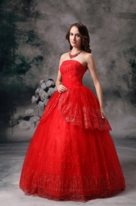 Red Strapless Ball Gown Sequin Prom Evening Dress
