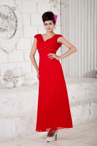 Red Column V-neck Prom Dress Ankle-length Chiffon Beading