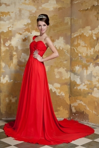 Red One Shoulder Watteau Train Chiffon Beading Prom Dress