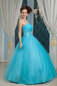 Teal One Shoulder Tulle and Taffeta Appliques Prom Dress