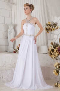 Halter White Empire Brush Train Beading Prom Evening Dress