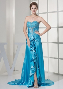 Beaded Decorate Bust Ruched Bodice Rolling Ruffles Teal Prom Dress
