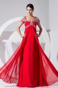 Cap Sleeves Sweetheart Beaded Red Chiffon Prom Dress