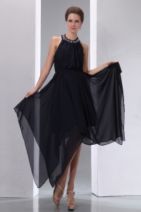 Black High-low Halter Asymmetrical Chiffon Beading Prom Dress