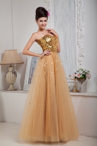 Champagne A-line Sweetheart Tulle Sequins Prom Dress