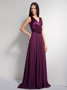 Dark Purple V-neck Hand Made Flower Prom Evening Dress