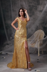 Gold V-neck Sequins Beading Ruch Prom Celebrity Dress
