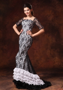 Half Sleeves Square Lace Brush Designer Prom Celebrity Dresses