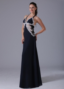Halter V-neck Apliques Navy Blue Prom Celebrity Dresses