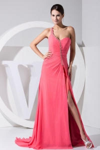 High Slit One Shoulder Beading Watermelon Red Prom Dress