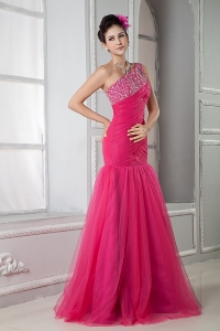 Hot Pink Mermaid One Shoulder Beading Prom Dress