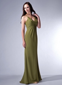 Olive Green V-neck Chiffon Ruch Evening Pageant Dress