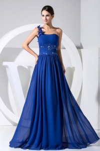 Soft One Shoulder Beaded Blue Chiffon Prom Dress