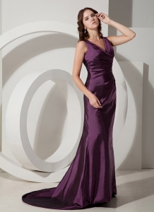 Purple V-neck Brush/Sweep Evening Dress for Red Carpet
