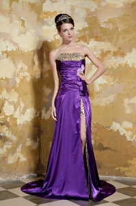 Purple Elastic Satin and Leopard Beading Prom Dress