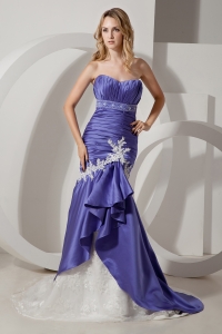 Purple Mermaid Court Train Elastic Satin Appliques Prom Dress