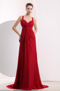 Straps Brush Train Chiffon Beading Red Prom / Evening Dress