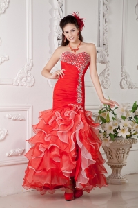 Red Mermaid Organza Ruffles Beading Prom Evening Dress