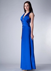 Royal Blue V-neck Ankle-length Satin Evening Pageant Dress