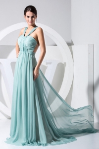Ruch Halter V-neck Watteau Train Light Blue Prom Dress