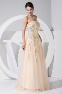 Sequin Tulle Champagne Strapless Prom Evening Dress