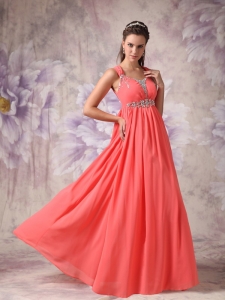 Watermelon Red Straps Chiffon Beading Prom / Evening Dress