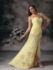 Beading and Ruched Slit Yellow Celebrity Pageant Dresses