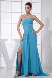 High Slit Aqua Blue Prom Holiday Dress Beading Train