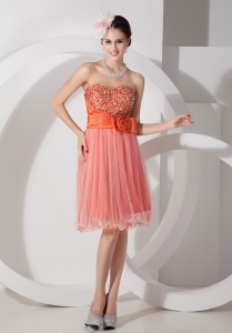 Orange Red Ruch Beading Flower Cocktail Holiday Dress