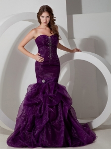 Purple Mermaid Celebrity Pageant Dress Beaded Train