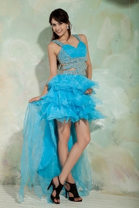 Ruffled Sky Blue Straps Beading Prom Dress High-low